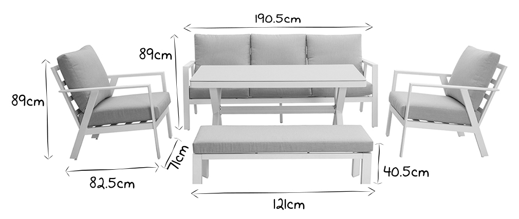 Salon de jardin 7 places avec table � manger en aluminium et tissu gris CALYPSO