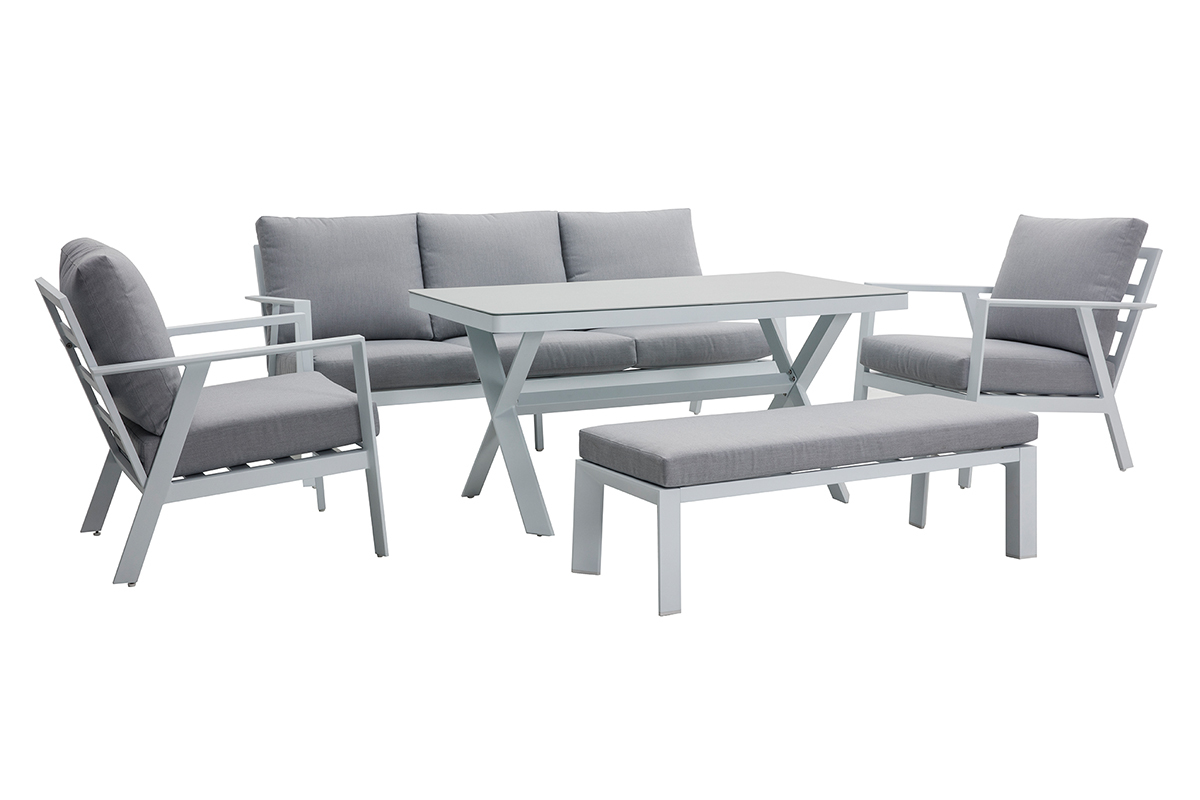 Salon de jardin 7 places avec table � manger en aluminium et tissu gris CALYPSO