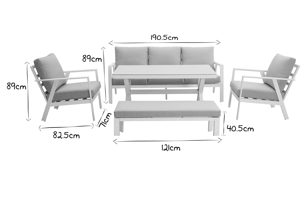 Salon de jardin 7 places avec table � manger en aluminium et tissu gris CALYPSO