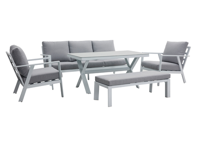 Salon de jardin 7 places avec table &agrave; manger en aluminium et tissu gris CALYPSO