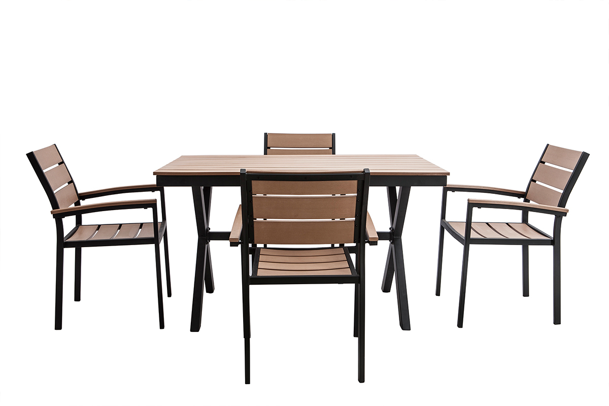 Salon de jardin avec table et 4 chaises noir et bois VIAGGIO