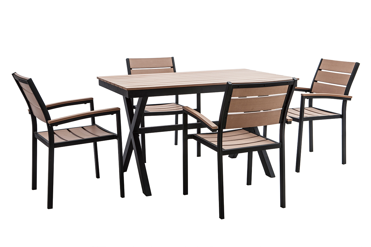 Salon de jardin avec table et 4 chaises noir et bois VIAGGIO