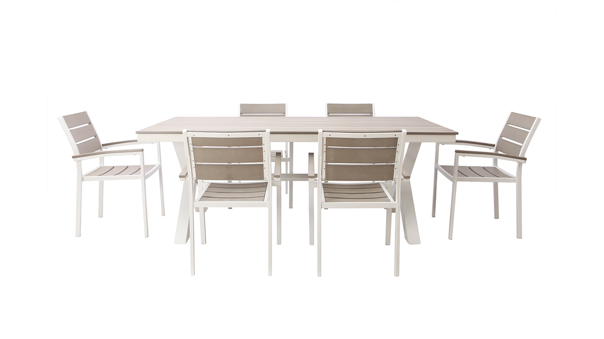 Salon de jardin avec table et 6 chaises empilables blanc et bois VIAGGIO