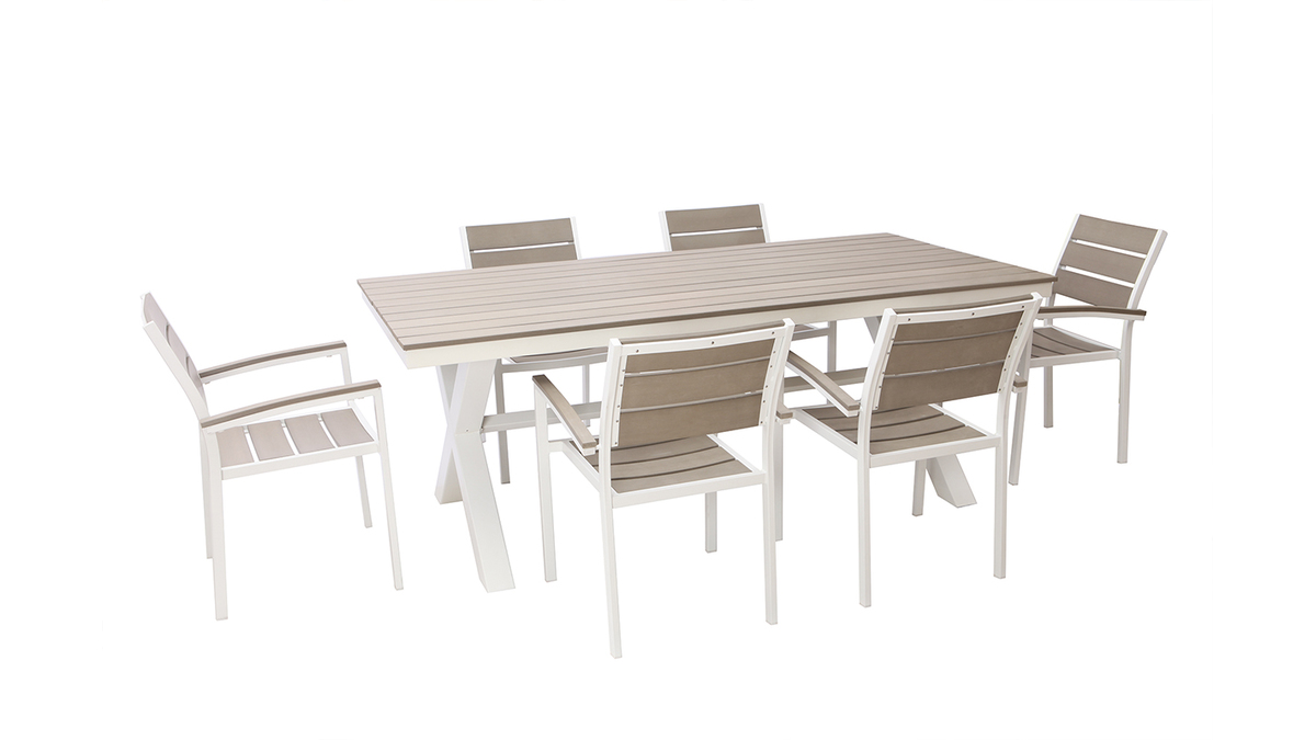 Salon de jardin avec table et 6 chaises empilables blanc et bois VIAGGIO