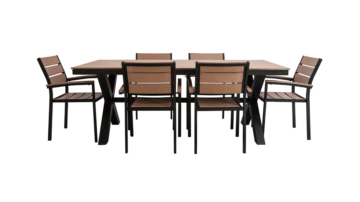 Salon de jardin avec table et 6 chaises empilables noir et bois VIAGGIO