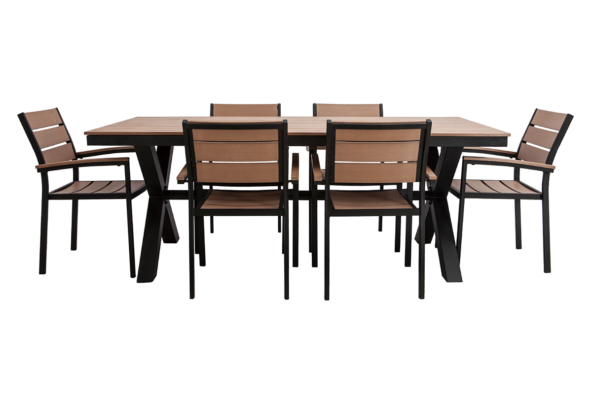 Salon de jardin avec table et 6 chaises empilables noir et bois VIAGGIO