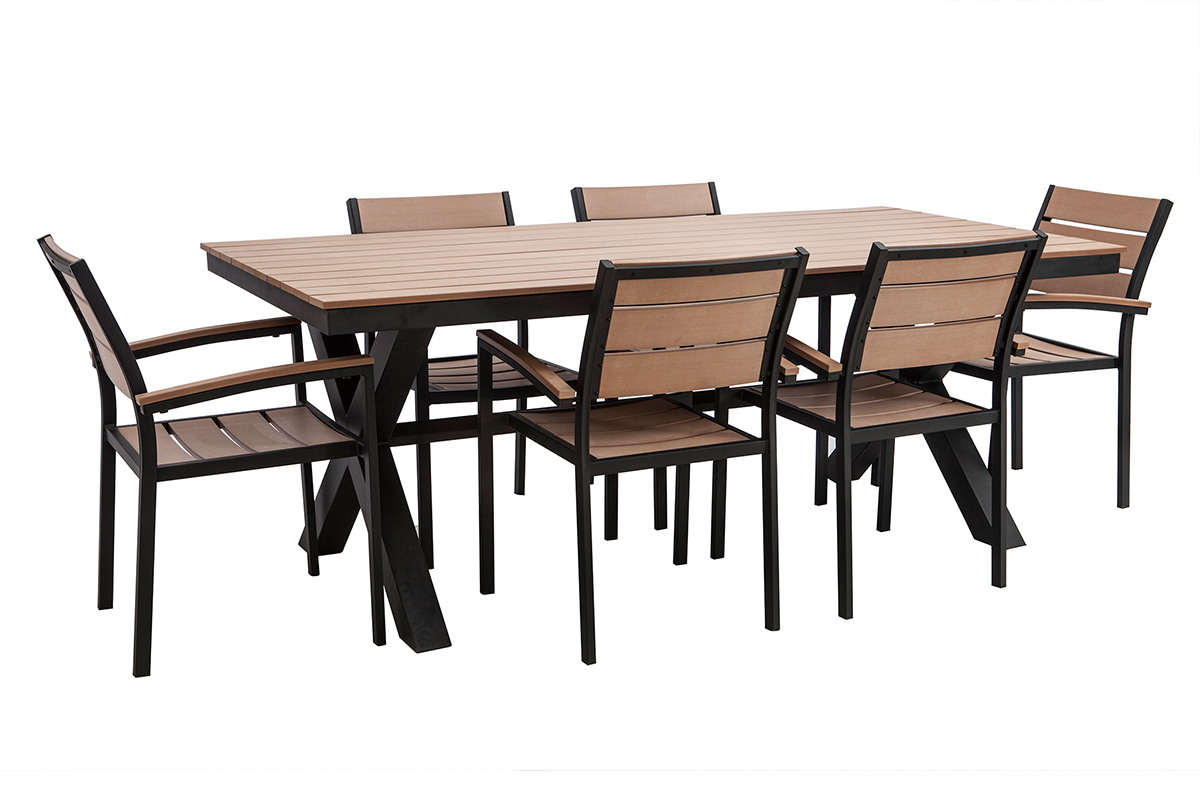 Salon de jardin avec table et 6 chaises empilables noir et bois VIAGGIO