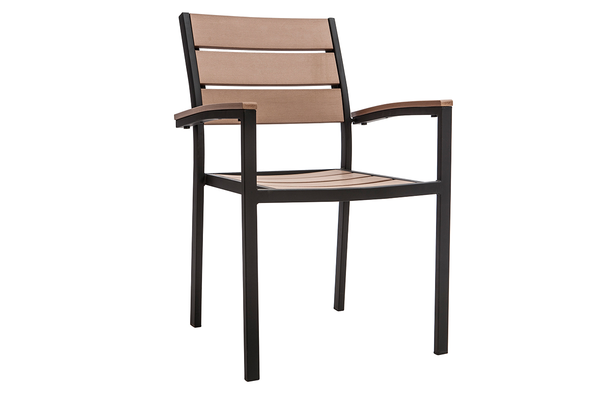 Salon de jardin avec table et 6 chaises empilables noir et bois VIAGGIO