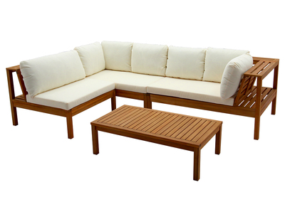 Salon de jardin d'angle 6 places en bois massif avec coussins déhoussables beige naturel BELIZE