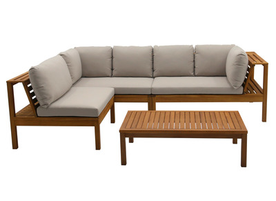 Salon de jardin d'angle 6 places en bois massif avec coussins déhoussables taupe BELIZE
