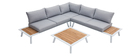 Salon de jardin d'angle en aluminium blanc, teck et tissu gris clair BELLS