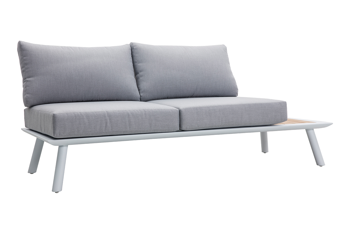 Salon de jardin d'angle en aluminium blanc, teck et tissu gris clair BELLS