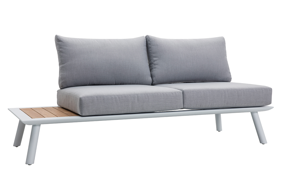 Salon de jardin d'angle en aluminium blanc, teck et tissu gris clair BELLS