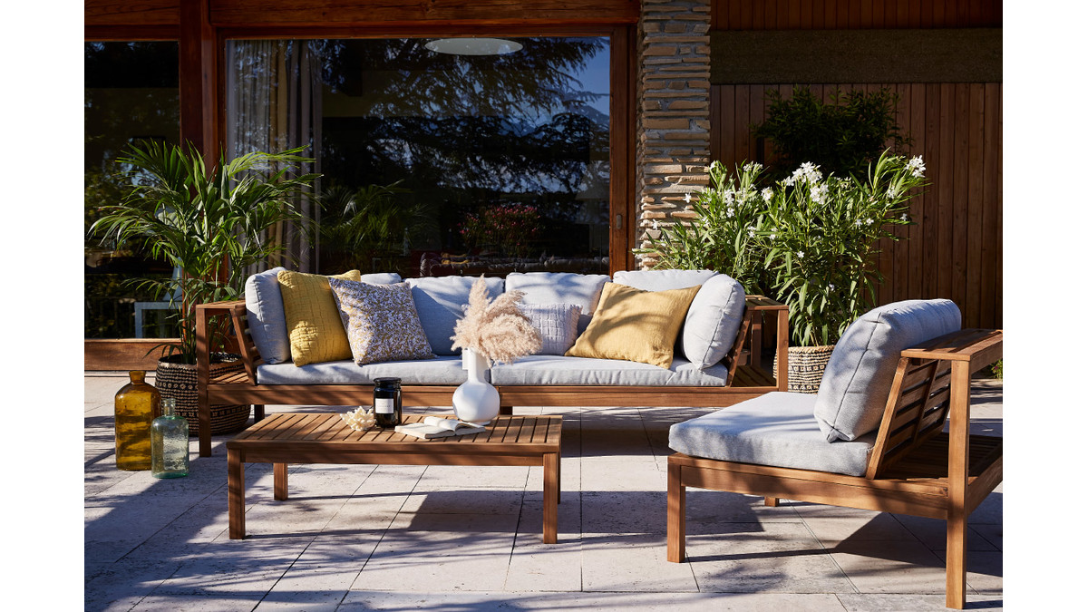 Salon de jardin d'angle en bois massif avec coussins dhoussables gris chin BELIZE