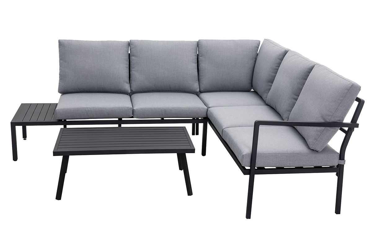 Salon de jardin d'angle en m�tal noir et tissu gris SAIGON