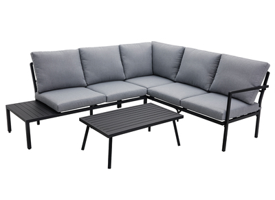 Salon de jardin d'angle en m&eacute;tal noir et tissu gris SAIGON