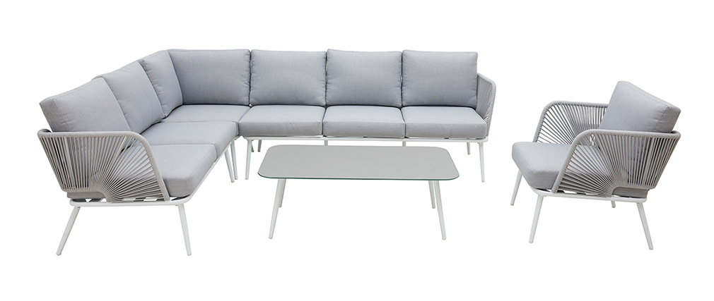 Salon de jardin en aluminium blanc, cordes et tissu gris clair HALONG