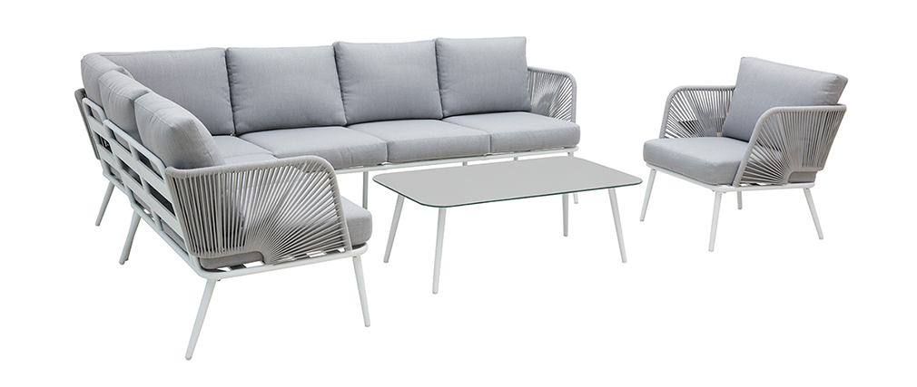 Salon de jardin en aluminium blanc, cordes et tissu gris clair HALONG