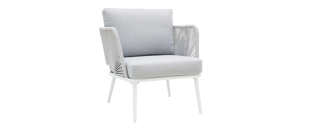 Salon de jardin en aluminium blanc, cordes et tissu gris clair HALONG
