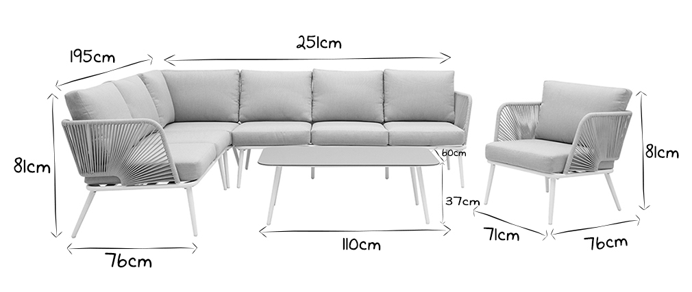 Salon de jardin en aluminium blanc, cordes et tissu gris clair HALONG