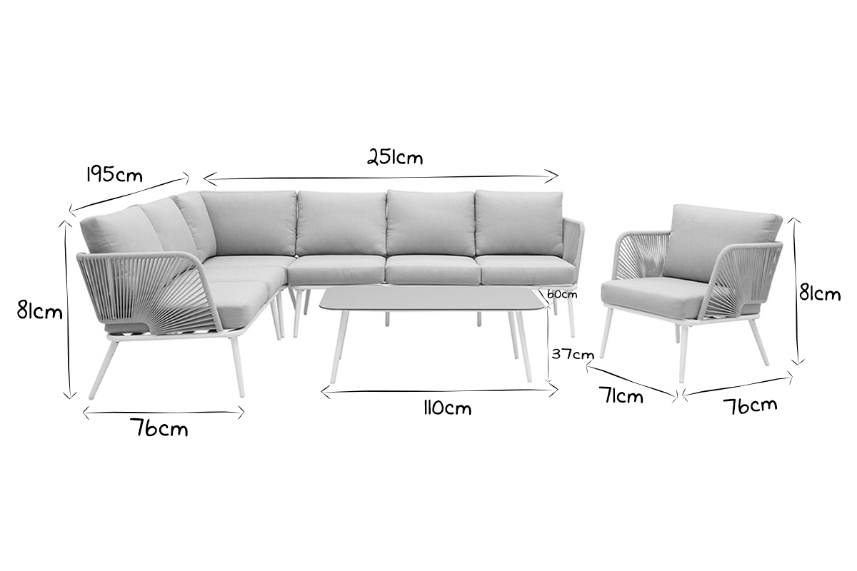 Salon de jardin en aluminium blanc, cordes et tissu gris clair HALONG