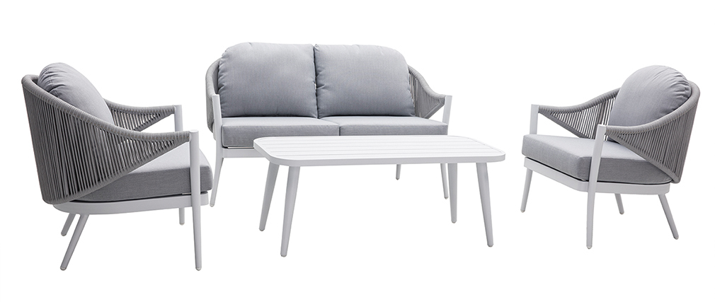 Salon de jardin en aluminium blanc et cordes et tissu gris clair LIMA