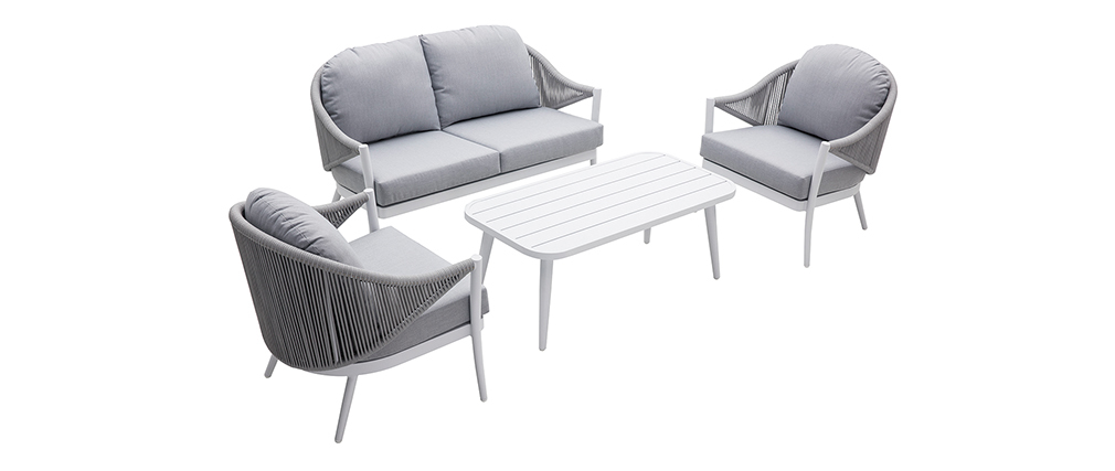 Salon de jardin en aluminium blanc et cordes et tissu gris clair LIMA