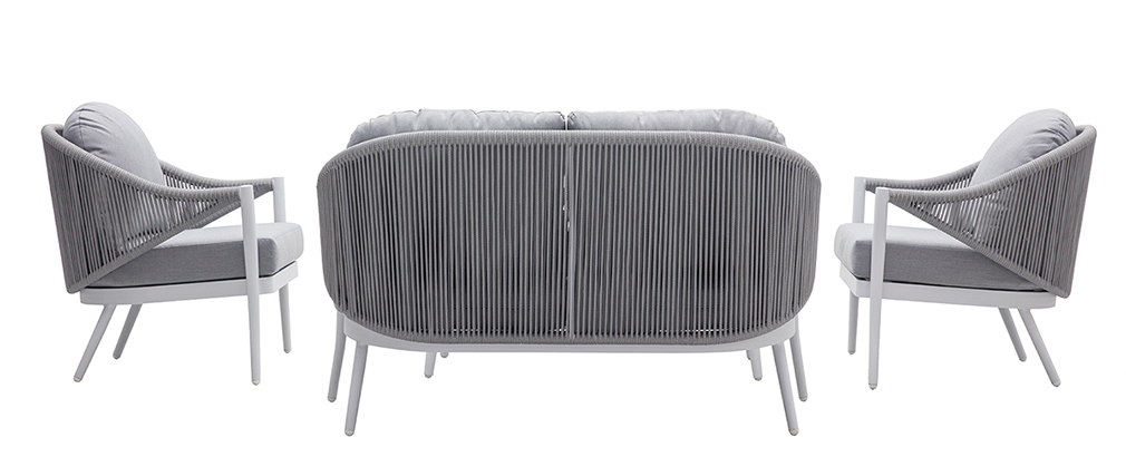 Salon de jardin en aluminium blanc et cordes et tissu gris clair LIMA