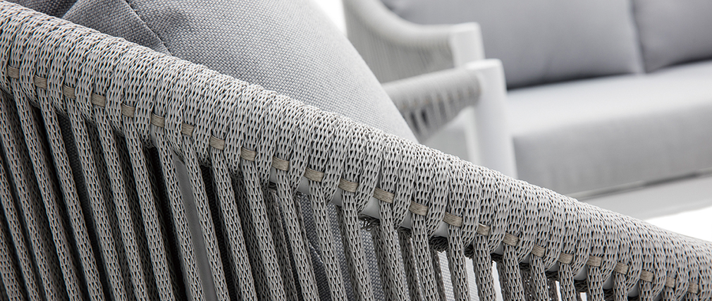 Salon de jardin en aluminium blanc et cordes et tissu gris clair LIMA
