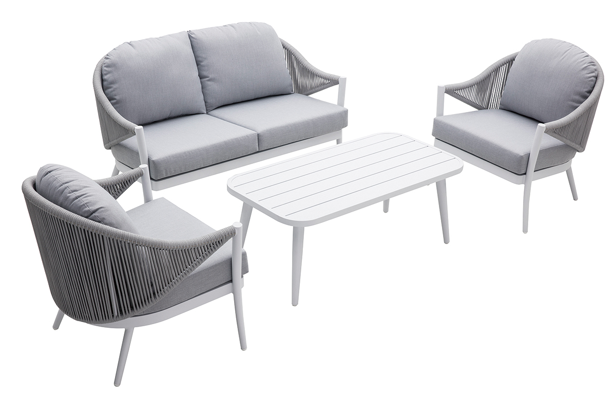 Salon de jardin en aluminium blanc et cordes et tissu gris clair LIMA