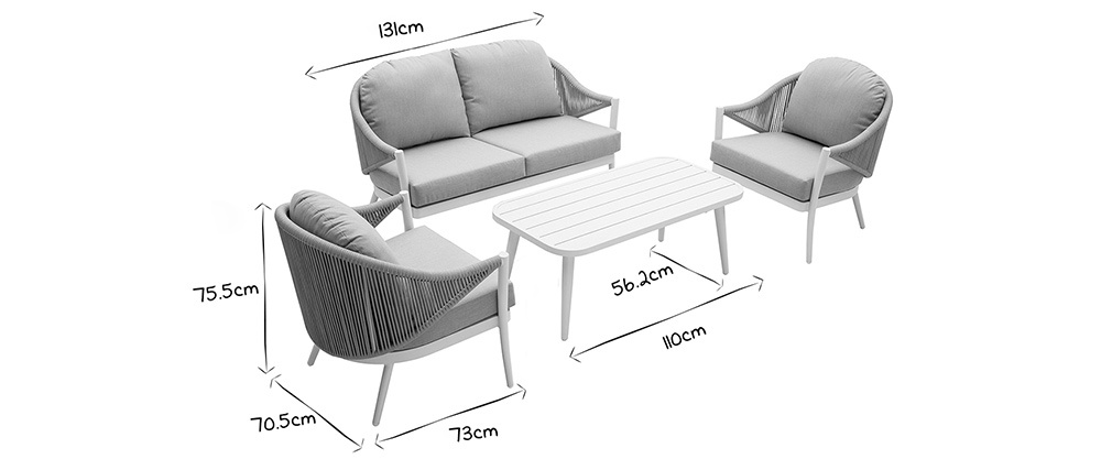 Salon de jardin en aluminium blanc et cordes et tissu gris clair LIMA