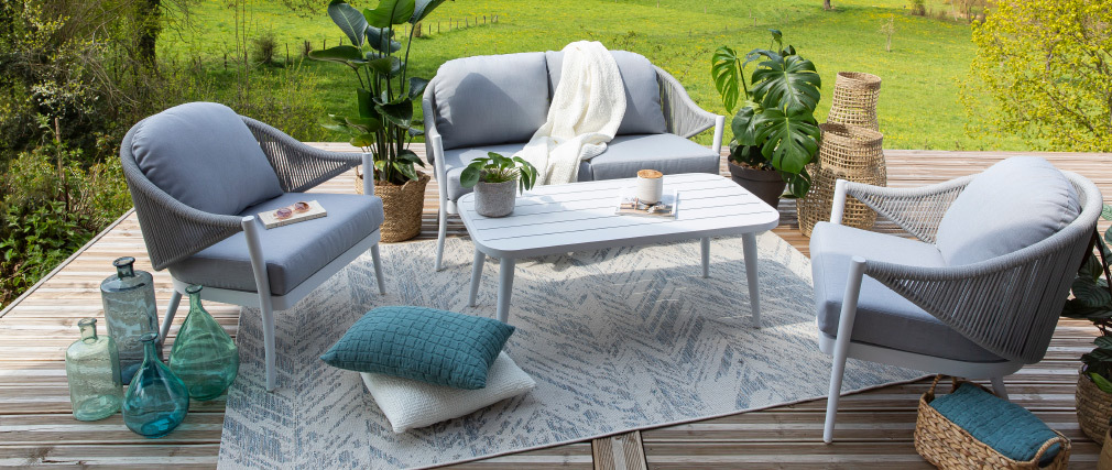 Salon de jardin en aluminium blanc et cordes et tissu gris clair LIMA