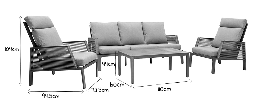 Salon de jardin en aluminium et cordes grises LAGOS