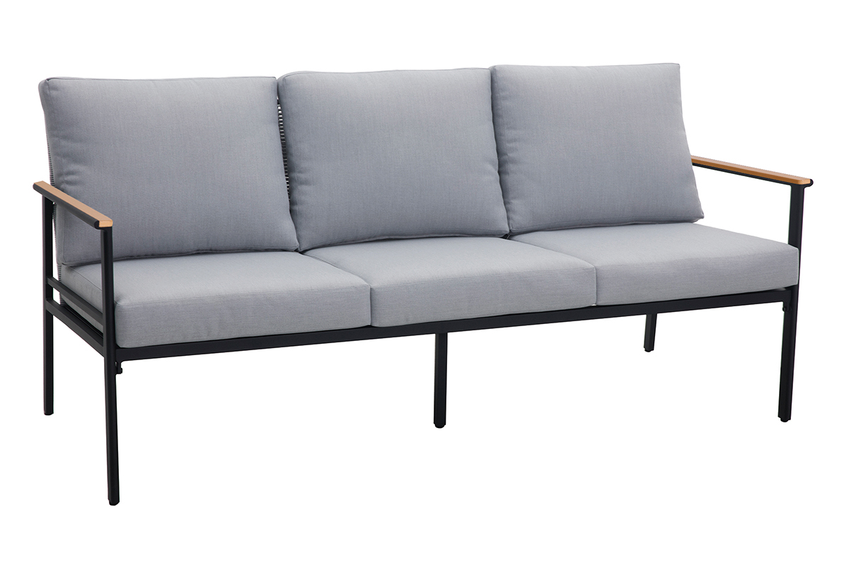 Salon de jardin en aluminium noir, cordes et tissu gris clair USHUAIA