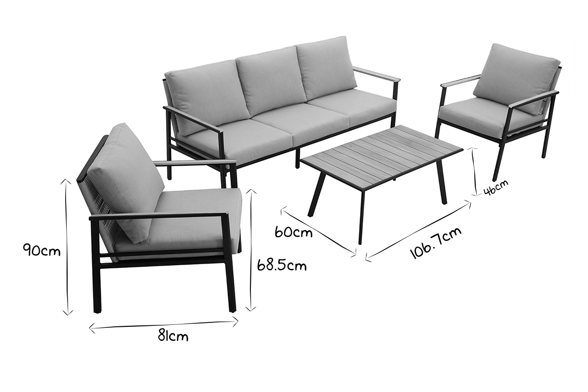 Salon de jardin en aluminium noir, cordes et tissu gris clair USHUAIA