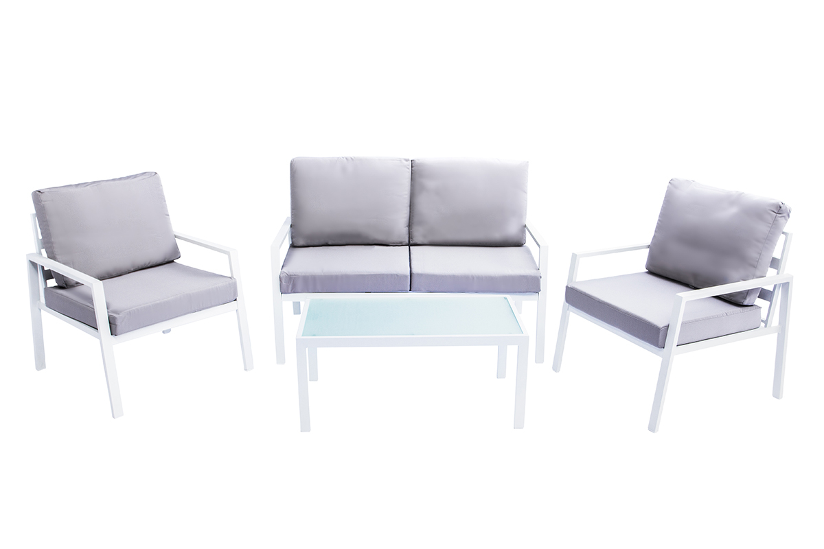 Salon de jardin en m�tal blanc avec table, banc et 2 fauteuils CALA