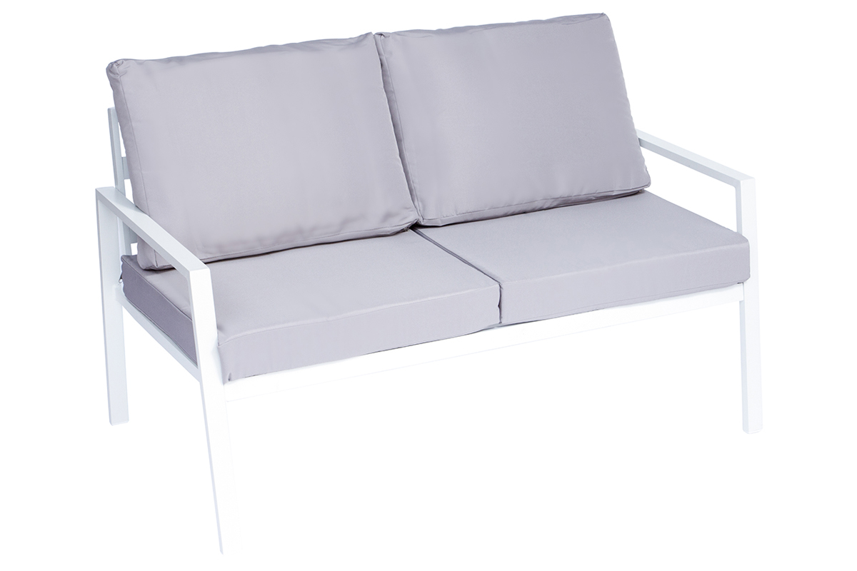 Salon de jardin en m�tal blanc avec table, banc et 2 fauteuils CALA