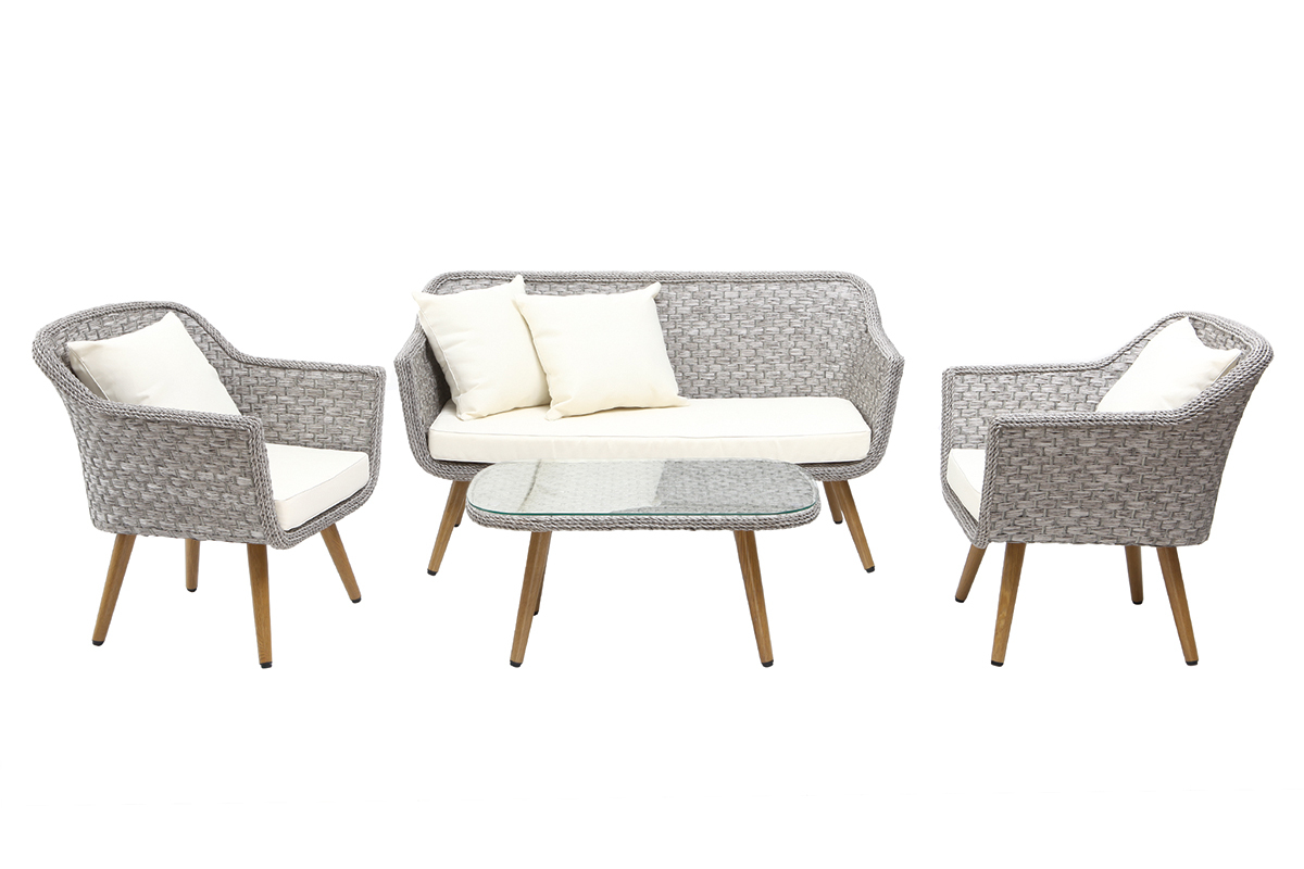 Salon de jardin en r�sine tress�e avec table basse gris et bois AJACCIO