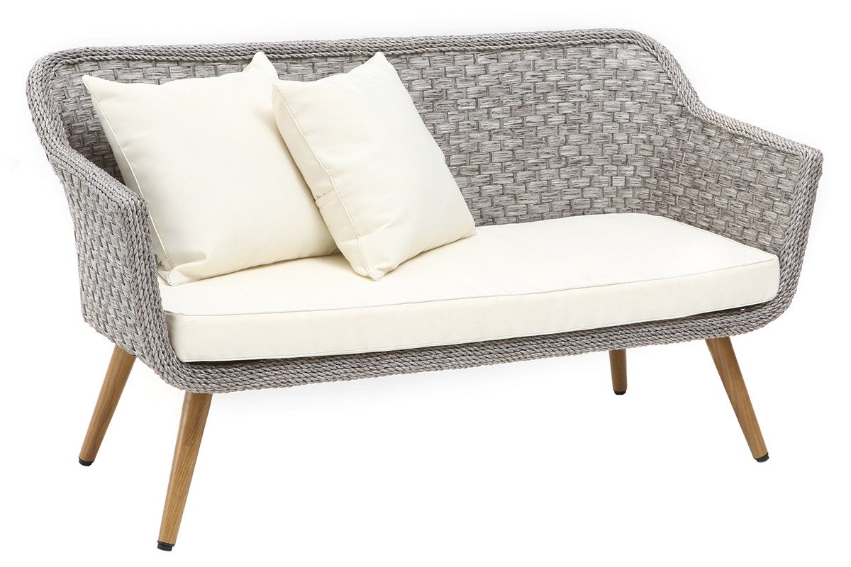 Salon de jardin en r�sine tress�e avec table basse gris et bois AJACCIO