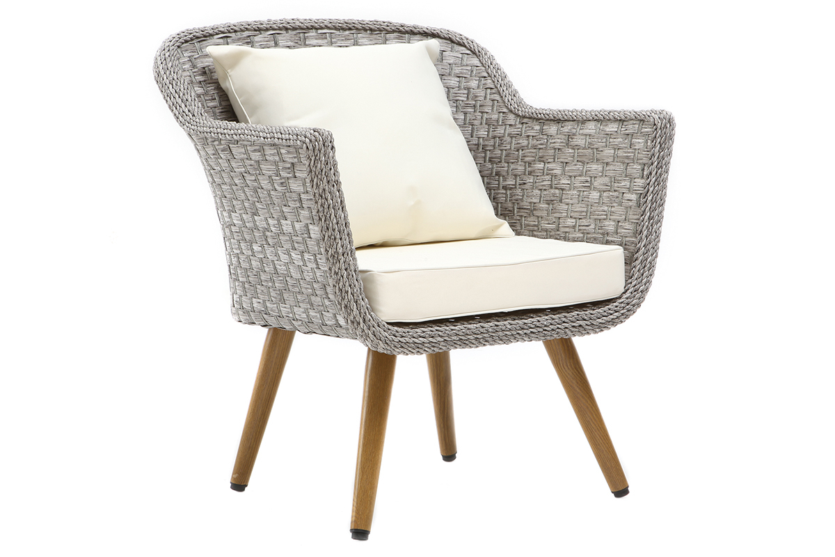 Salon de jardin en r�sine tress�e avec table basse gris et bois AJACCIO