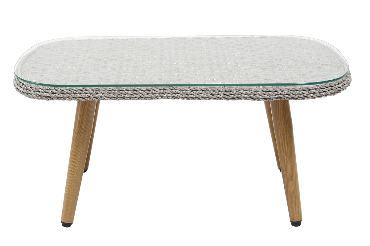 Salon de jardin en r�sine tress�e avec table basse gris et bois AJACCIO