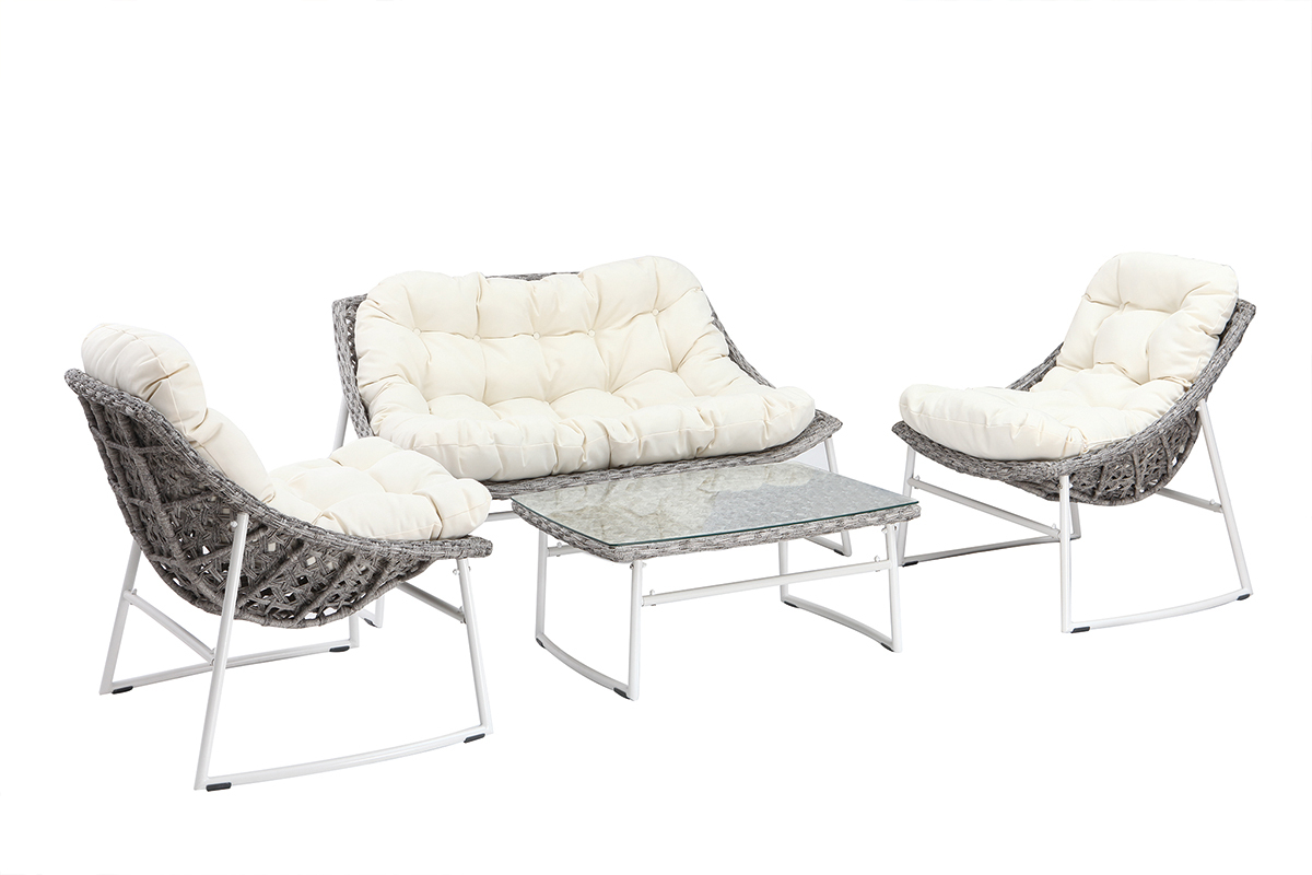 Salon de jardin en r�sine tress�e gris et blanc avec table basse COMFY