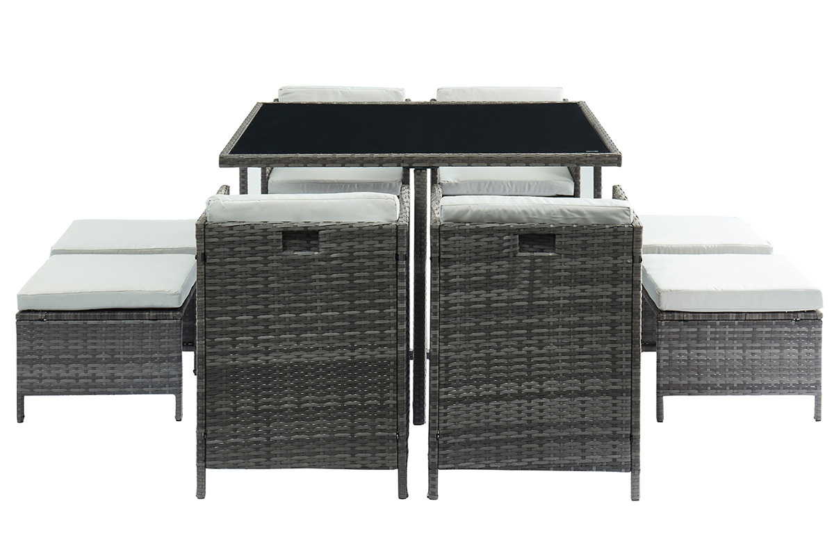 Salon de jardin en rsine tresse grise avec table, fauteuils et poufs CORDOBA