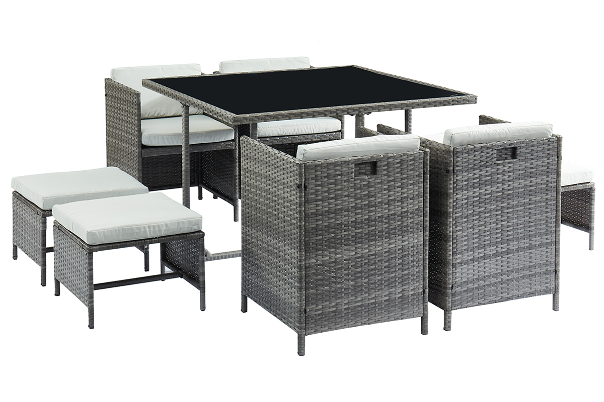 Salon de jardin en rsine tresse grise avec table, fauteuils et poufs CORDOBA