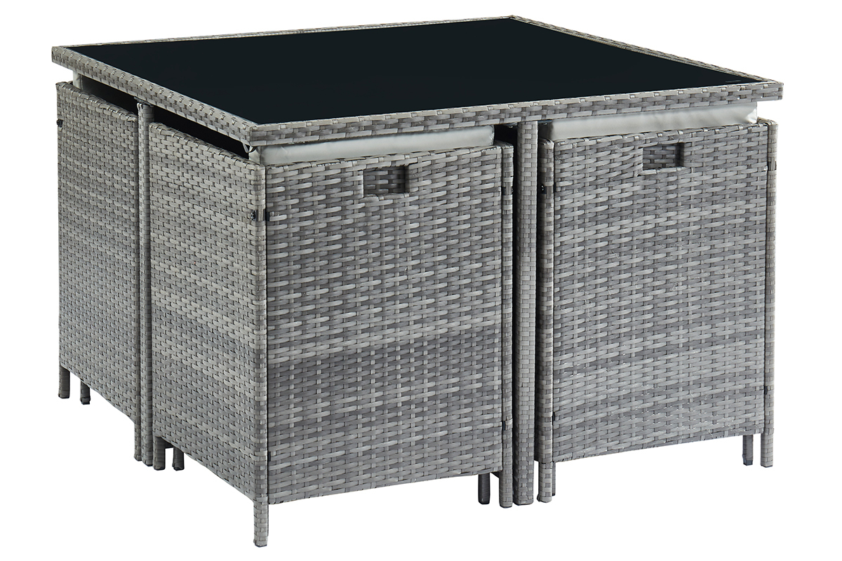 Salon de jardin en rsine tresse grise avec table, fauteuils et poufs CORDOBA