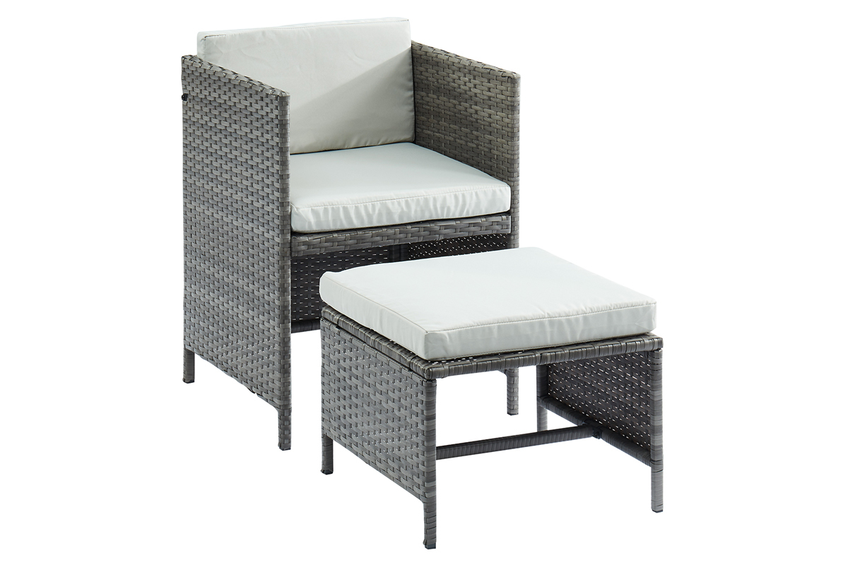Salon de jardin en rsine tresse grise avec table, fauteuils et poufs CORDOBA