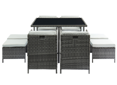 Salon de jardin en r&eacute;sine tress&eacute;e grise avec table, fauteuils et poufs CORDOBA