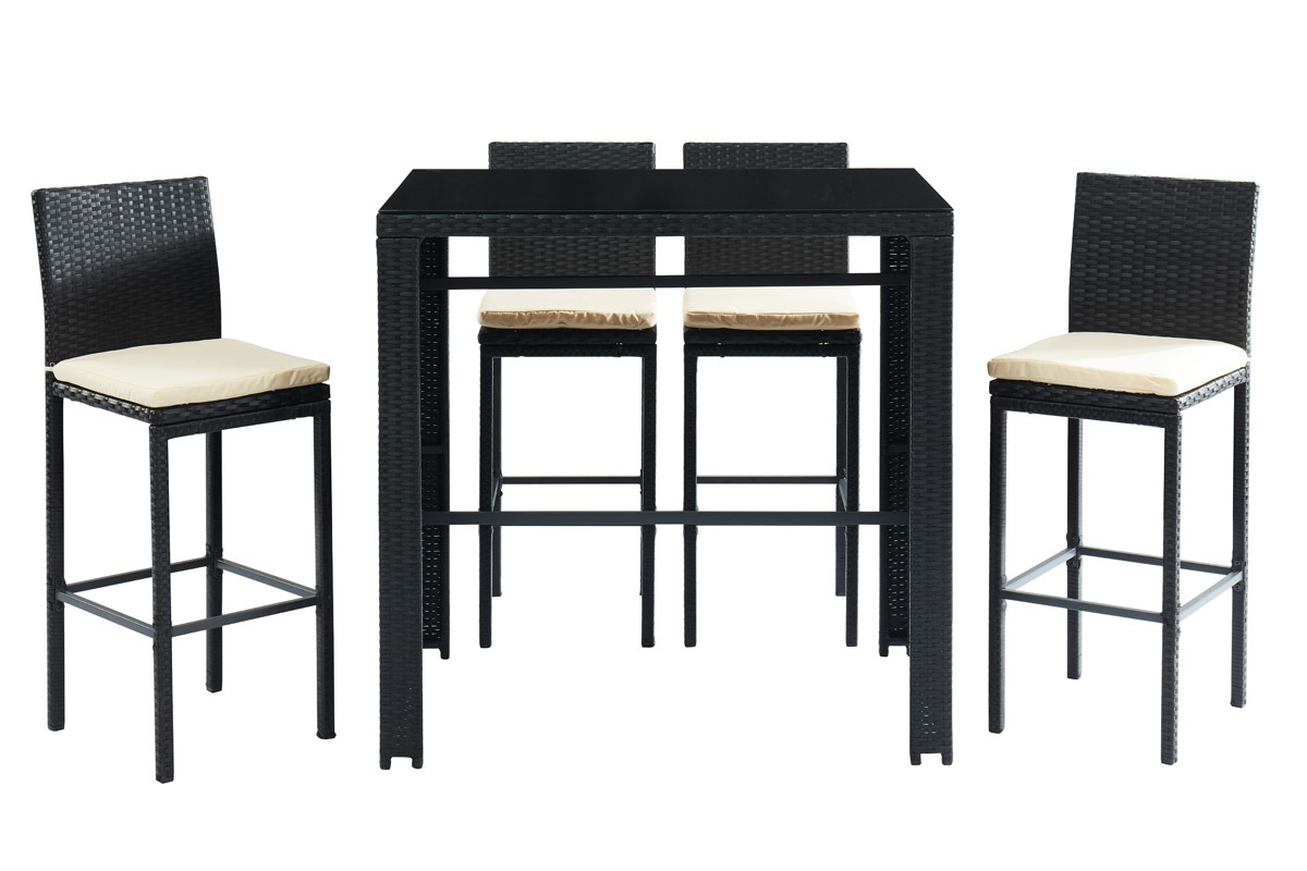Salon de jardin en r�sine tress�e noire avec table de bar et 4 chaises JAVEA