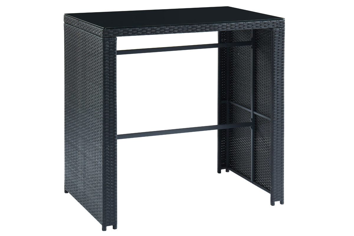 Salon de jardin en r�sine tress�e noire avec table de bar et 4 chaises JAVEA