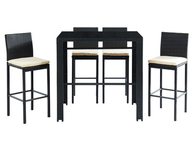 Salon de jardin en r&eacute;sine tress&eacute;e noire avec table de bar et 4 chaises JAVEA
